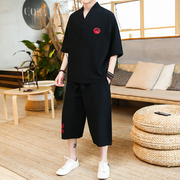 Zen quần áo nằm quần áo mùa hè phong cách quốc gia Hanfu ngắn tay quần áo Trung Quốc phong cách Taiji thêu bông và vải lanh T-Shirt phù hợp với nam