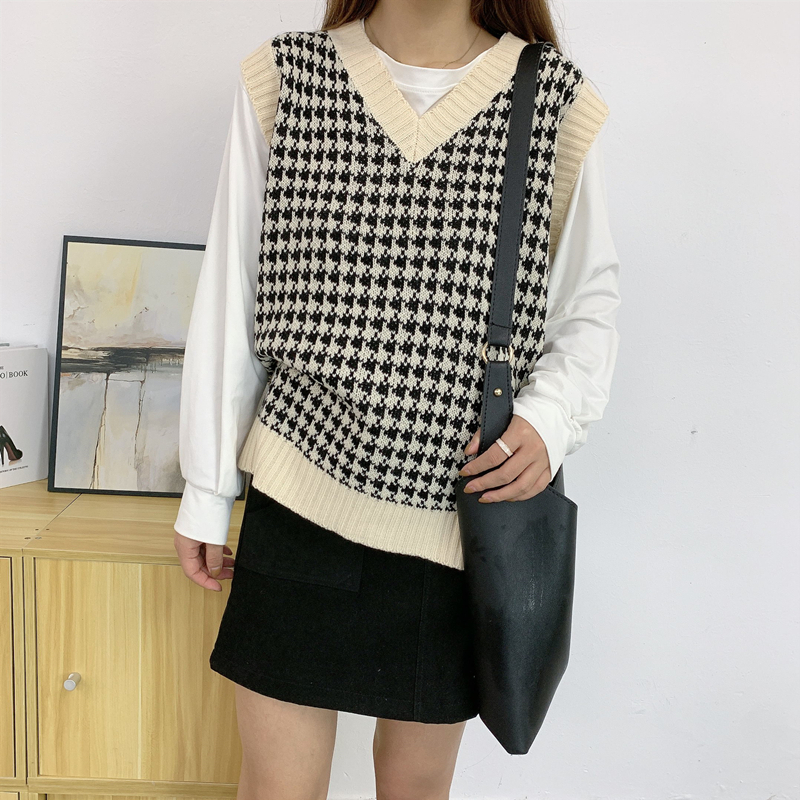 Apricot Vest (Uncut)Korean version new pattern houndstooth  jacquard weave v Collar sweater vest female easy Versatile knitting Vest female jacket Vest tide