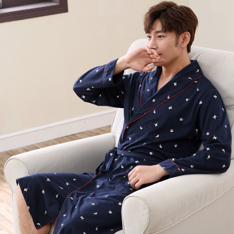 艾尚 实拍2018睡袍男男长款棉质睡衣长袖秋休闲一式日式浴衣1942