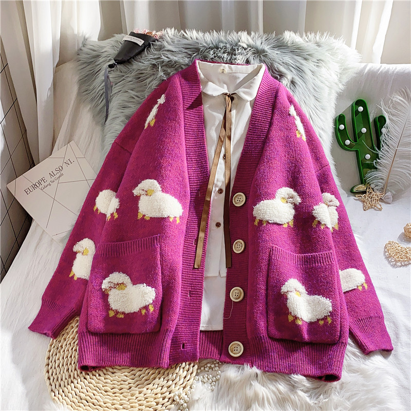 Rose RedSpring  sweater 2021 new pattern female easy Wear out Sweater Cardigan Medium and long term Lazy wind loose coat Foreign style