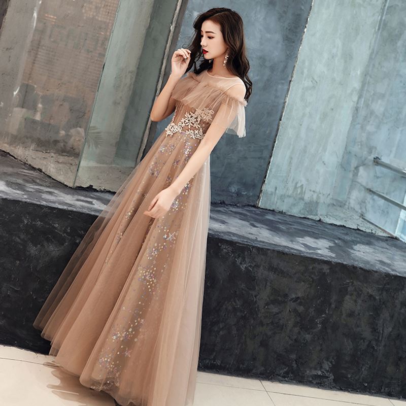 Elegant long evening dress, 2021 collection, champagne color