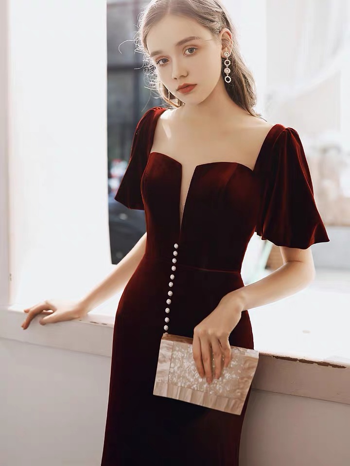 Retro elite red long velvet evening dress for bride, fitted, A-line