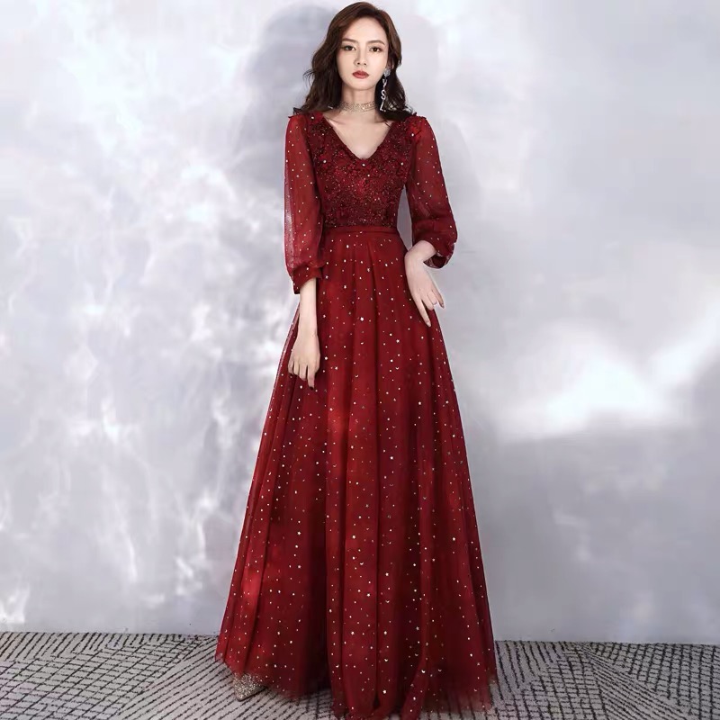 Autumn evening dress, burgundy wedding dress, 2021 collection, long sleeve, plus size