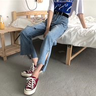 Hàn Quốc phiên bản của quần chia ngã ba lỗ tóc không thường xuyên lỗ thẳng 乞丐 chín quần màu xanh cao eo là quần jean mỏng phụ nữ quần jean ống rộng nữ