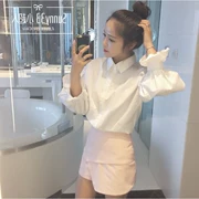 Mùa thu nữ phiên bản Hàn Quốc của thời đại học gió phồng tay áo sơ mi trắng học sinh lỏng áo sơ mi dài tay hoang dã