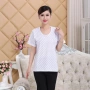 Hoa cúc thương hiệu trung niên áo nỉ nữ in cotton ngắn tay vest mẹ tròn cổ rộng kích thước đồ ngủ chạm đáy - Áo vest áo ba lỗ nữ khoét nách sâu