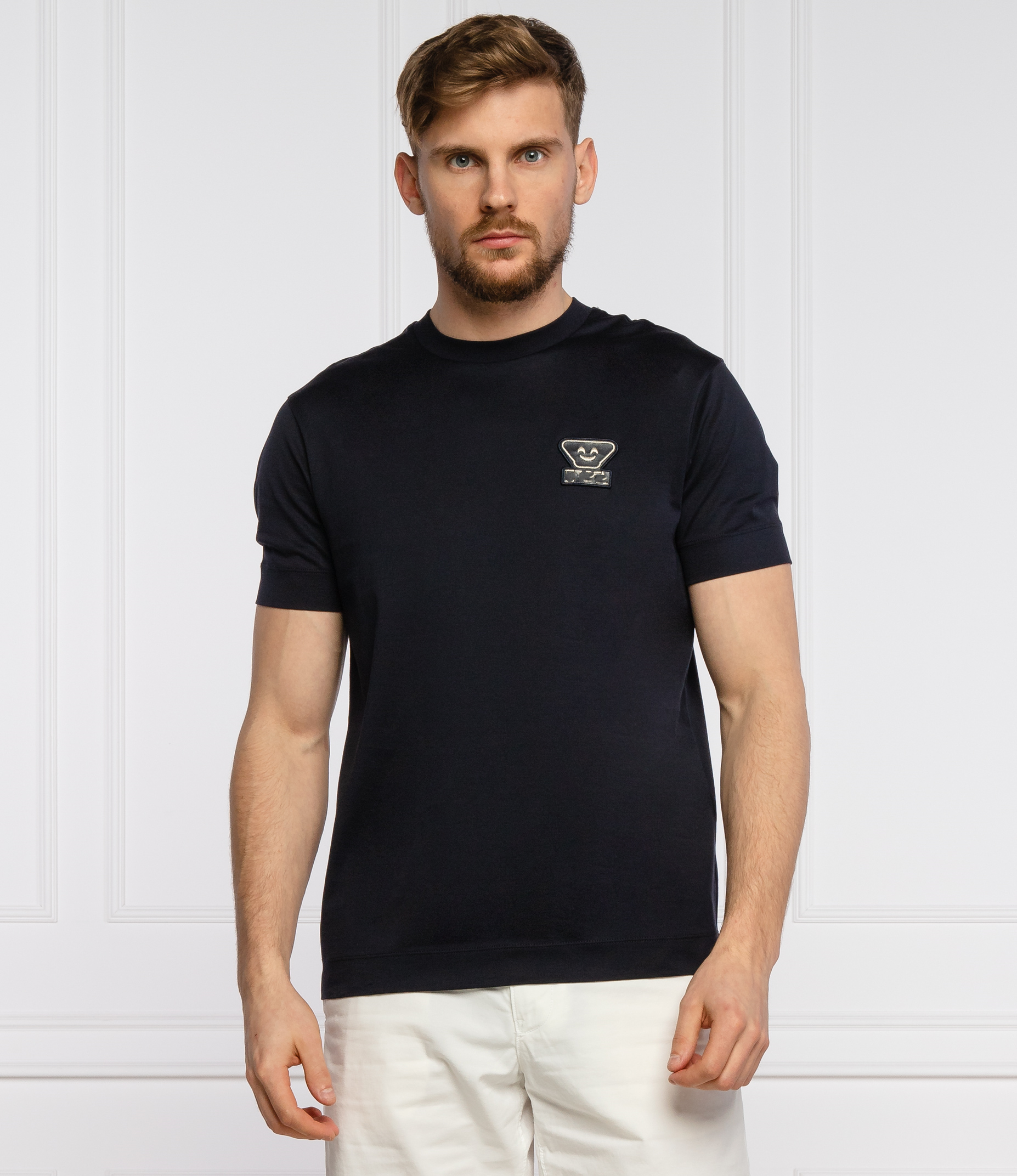 Black Leather Smiley Face【 Special Offer 】 $ 1600 high-end Italy EA , 21 years paragraph pure cotton Mercerization Thin male Crew neck Short sleeve T-shirt