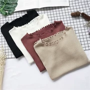 2018 mùa hè mới màu rắn bằng gỗ tai mỏng giảm béo vòng cổ ngắn- tay t- shirt breathable áo len phụ nữ cơ sở áo