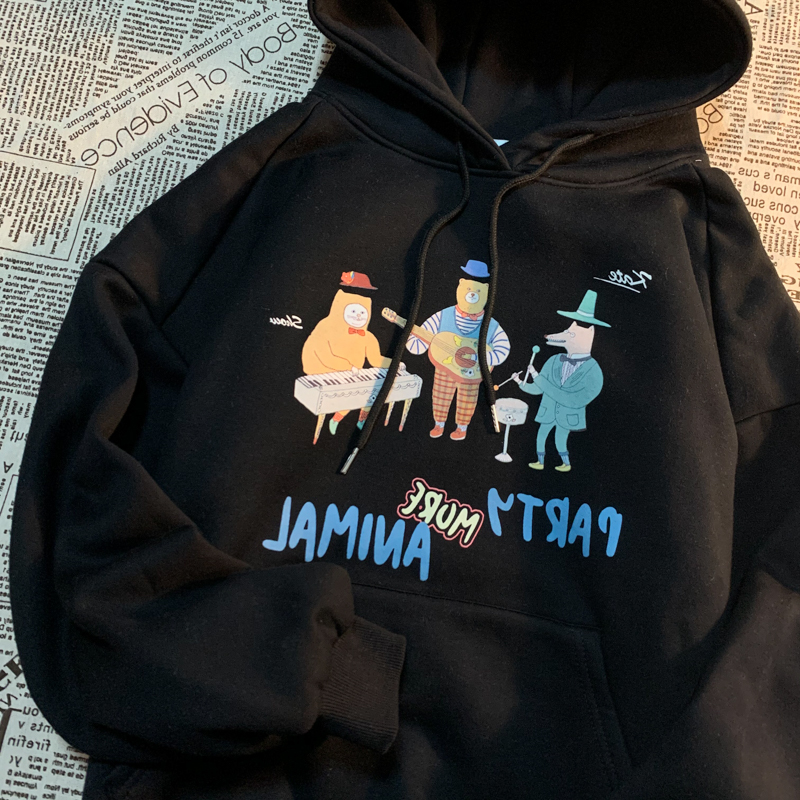 BlackSense of antiquity lovely Cartoon Hooded Sweater female Autumn and winter easy bf Lazy wind Plush jacket student loose coat tide