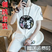 Retro Trung Quốc phong cách của nam giới thanh niên tang bông và vải lanh ngắn tay bộ tấm khóa thêu áo choàng trang phục dân tộc nam mùa hè