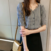 Áo voan nữ tay ngắn 2019 hè nữ mới retro hương vị Hồng Kông lưới chữ V cổ áo rộng mỏng - Áo sơ mi áo sơ mi nữ dài tay công sở