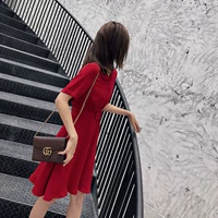 ◆ yang momo ◆ búp bê cổ áo đầm voan Hàn Quốc phiên bản của eo cao một từ màu đỏ polo cổ áo eo váy mùa hè đầm ngắn xòe