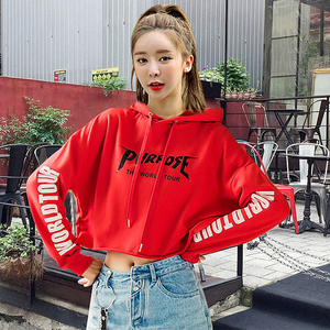 Cao eo áo len ngắn phụ nữ 2018 mùa thu lỏng mỏng áo sơ mi giản dị bông rốn trùm đầu dài tay áo dưới áo