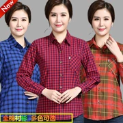 Phụ nữ trung niên XL cotton dài tay kẻ sọc kẻ béo mẹ chất béo mùa xuân và mùa thu áo sơ mi mỏng - Áo sơ mi dài tay