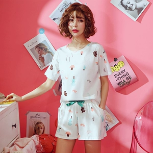 Bộ đồ ngủ mùa hè của phụ nữ phù hợp với ngắn tay hai mảnh mùa hè Hàn Quốc phiên bản của bông lỏng sinh viên tươi có thể mặc quần áo nhà mỏng