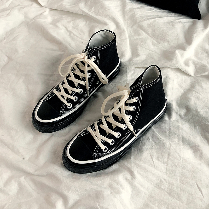 All Black & High Top1970s Gao Bang canvas shoe men and women student Korean version Harajuku Versatile Retro Hong Kong flavor summer skate shoes lovers shoes