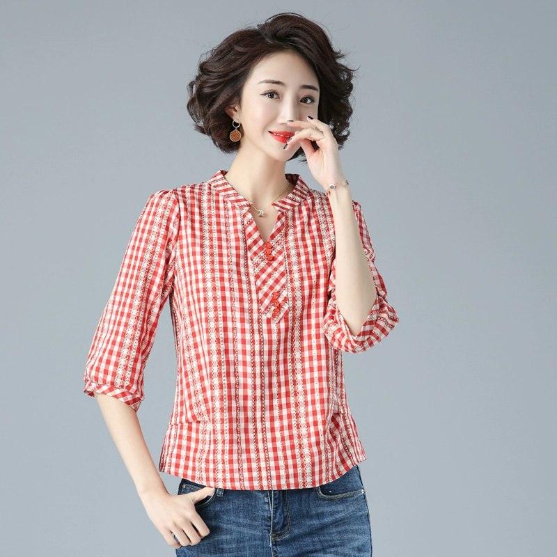 Áo sơ mi cotton và lanh giữa mùa xuân và mùa hè phong cách Hàn Quốc rộng rãi và mỏng kích thước lớn nghệ thuật dành cho phụ nữ áo thun ba phần tư tay áo kẻ sọc - Áo sơ mi
