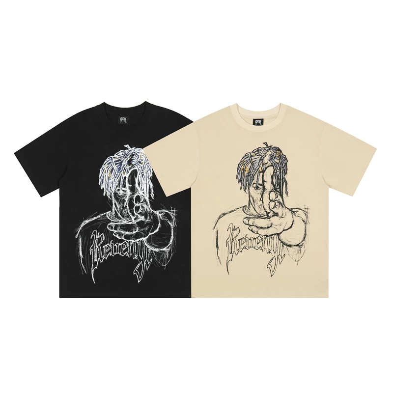 Revenge x Juice Sketch Tee Футболка с печатью персонажей, свободный стиль, пара в неформальной одежде