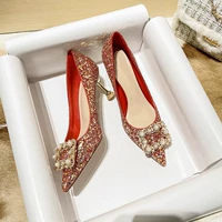 Красные свадебные туфли, обувь с заостренным носом на высоком каблуке, коллекция 2023, китайский стиль