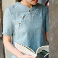 Cộng hòa của Trung Quốc gió cải thiện nhỏ đứng cổ áo hàng ngày Trung Quốc retro loose văn học sườn xám phong cách tea dress màu rắn thêu ăn mặc đầm đẹp