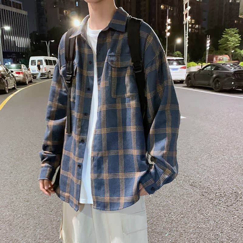 Spring and autumn shirt men's long sleeve youth Hong Kong Style Plaid Shirt Korean handsome student fashion work clothes ins coat