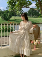 Ретро белое осеннее платье с рукавами, длинная юбка, французский ретро стиль, длинный рукав, высокая талия, цветочный принт