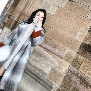 Awu kẻ sọc màu xám khâu áo len nữ phần dài mùa đông 2017 mới eo tie áo len