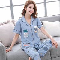 Hàn Quốc ngắn tay quần cotton đồ ngủ nữ mùa hè hai mảnh phù hợp với phần mỏng ít phụ nữ bông dịch vụ nhà có thể được đeo pijama nam