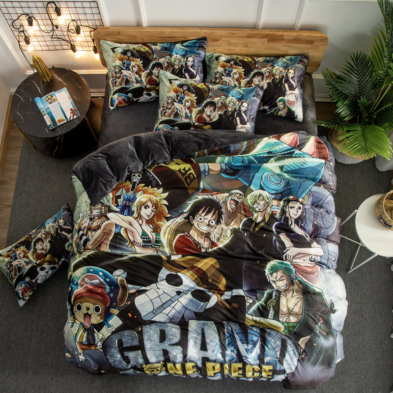 Photo Of Pirate KingCartoon comic Naruto sheet Four piece suit Yu Zhibo Weasel Quilt cover sheet dormitory Three piece set thickening keep warm