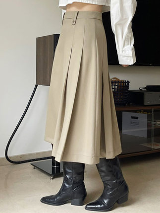 レトロシルエットのハイウエストプリーツスカート早春の新韓版ゆったりとした着やせプリーツのミディアムA字傘スカート女