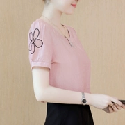 Áo sơ mi voan tay ngắn nữ 2019 hè mới của phụ nữ Hàn Quốc áo rộng che bụng áo thun nhỏ quần áo ngắn - Áo phông