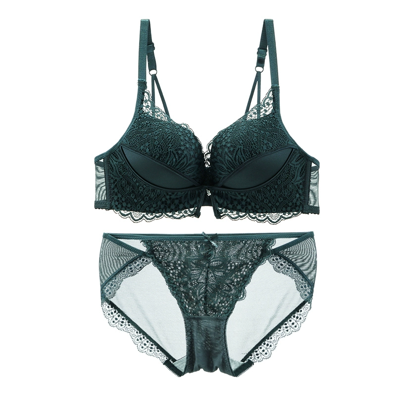 Victorias Secret Nhật Bản ren gợi cảm màu xanh đậm hoàn chỉnh của bộ đồ lót phụ nữ không có vòng thép bộ sưu tập áo ngực nhỏ ngực tập hợp áo ngực - Bộ đồ lót