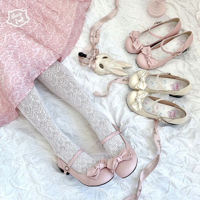 taobao agent [Spot] A little round cherry blossom powder generate color cotton puff lolita girl round head bow shoes