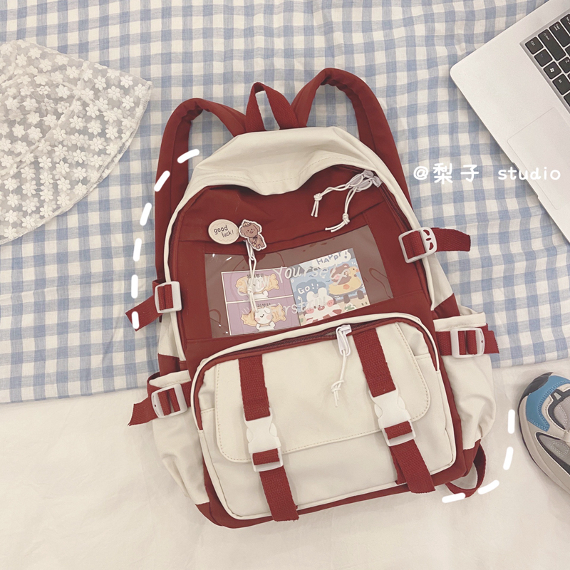 Wine Red (7 Pieces For Decoration)Korean version ins high school a bag female Harajuku ulzzang Academic atmosphere junior middle school student knapsack Simple and versatile Backpack