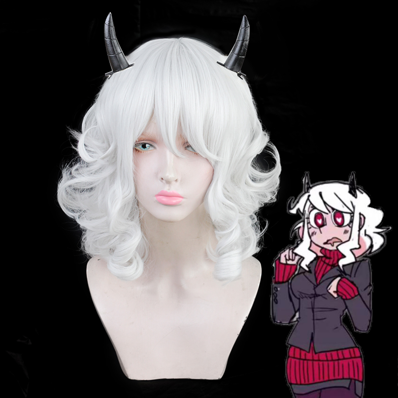 Modius Wig [With Black Angle]【 free man 】 Helltaker Infernal Pick up a sister king Modi Us cos Wigs white volume prop horn