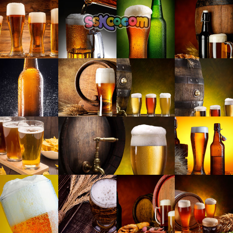 高清JPG素材冰爽啤酒图片玻璃酒杯瓶扎啤酒桶泡沫广告海报摄影图