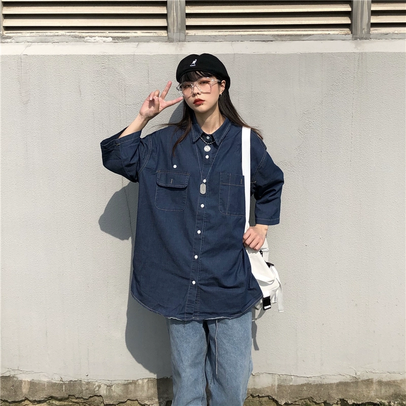 Áo sơ mi nữ mùa hè Hàn Quốc in retro Nhật Bản dụng cụ ngắn tay áo sơ mi rộng bf áo sơ mi denim giản dị - Áo sơ mi dài tay