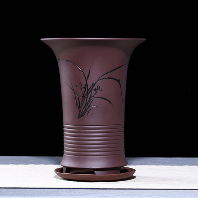 精品刻绘高筒兰花盆原矿紫砂手工盆