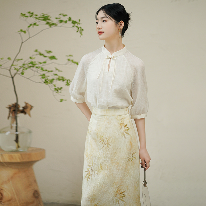 New Chinese style puff sleeve retro elegant tea dress Chinese