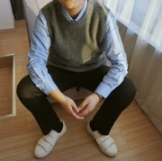 [WAZZW] Hàn Quốc vòng cổ đan tay không tay áo khoác hoang dã len đan vest nam