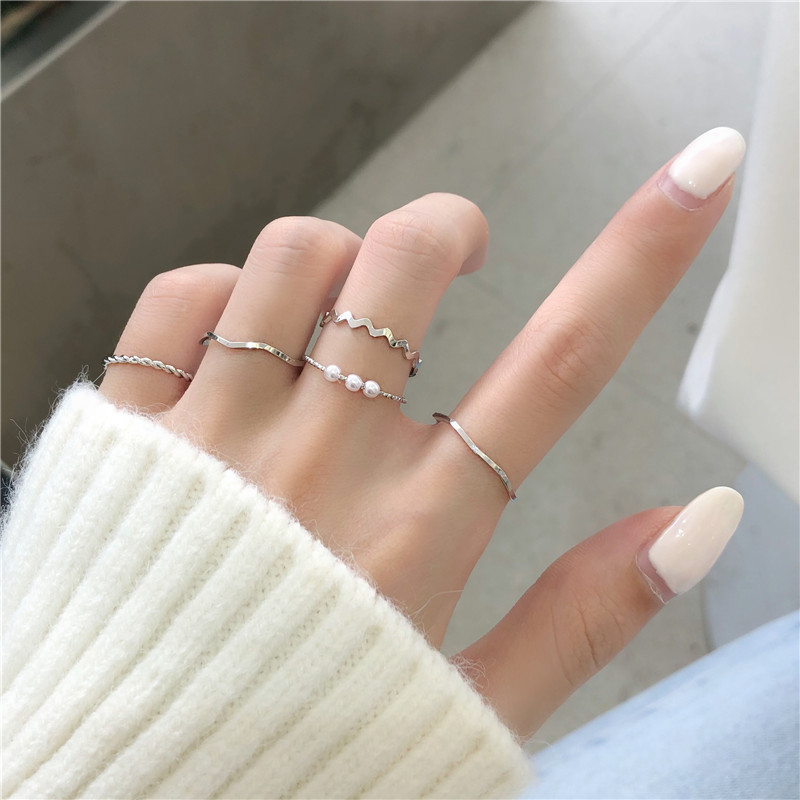 Silver [Five Piece Set]Japan and Korea Simplicity ins Pearl Wavy combination Ring Five piece set personality ring Internet celebrity Tail ring female K922