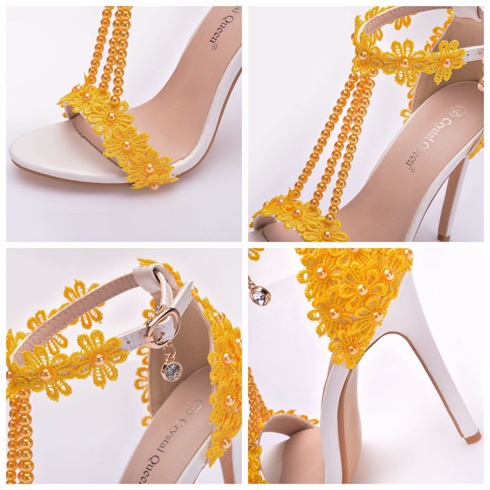 Golden5 centimeter Seven colors Lace Beading Sandals Fine heel Size code Shallow mouth Word band rainbow Sandals Middle heel Women's Shoes