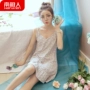Nam cực đồ ngủ phụ nữ mùa hè nightdress dây đeo màu xám dễ thương Hàn Quốc bông vest váy nhà dịch vụ mùa hè váy đầm mùa đông