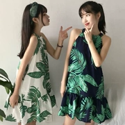 Váy mùa hè phiên bản Hàn Quốc của những chiếc lá nhỏ tươi in hoa mỏng không tay giữa váy dài Một chiếc váy váy chữ - A-Line Váy