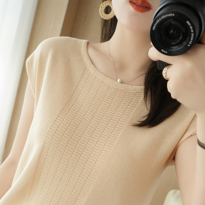 taobao agent Cotton knitted sweater, retro short T-shirt, top, 100% cotton, cotton and linen, with short sleeve