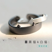 Nụ hoa ban đầu mèo đen mèo trắng đôi nhẫn 925 sterling bạc cặp đôi nam nữ Nhật Bản và nữ tính cách mở nhẫn đơn giản