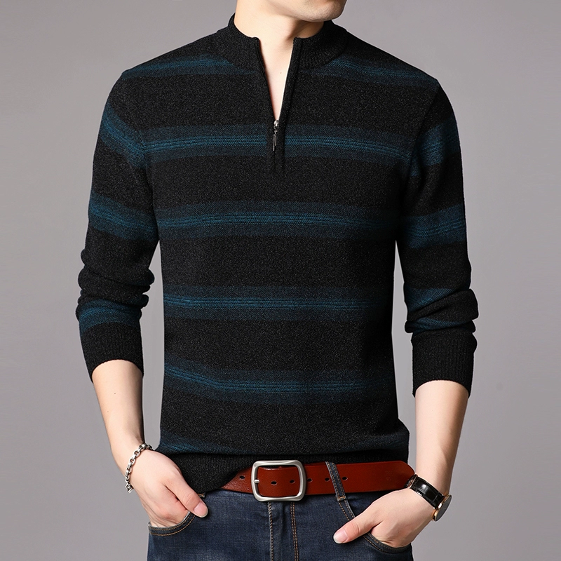 Đàn ông trung niên và thanh niên nam đứng cổ áo len kinh doanh sọc thường chạm đáy áo len dài tay áo len - Áo len