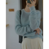 Синий демисезонный трикотажный приятный телу свитер с круглым воротником, французский стиль, по фигуре