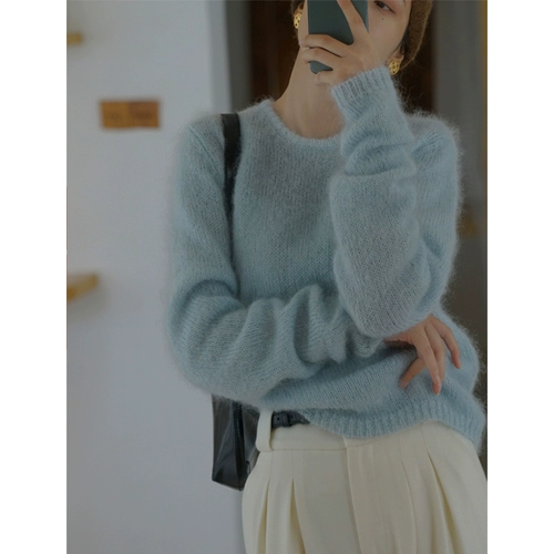 Синий демисезонный трикотажный приятный телу свитер с круглым воротником, французский стиль, по фигуре