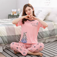 Đồ ngủ mùa hè của phụ nữ cotton ngắn tay quần giản dị dễ thương cartoon thin phần dịch vụ nhà mùa xuân và mùa hè mô hình XL phù hợp với đồ bộ vải đũi